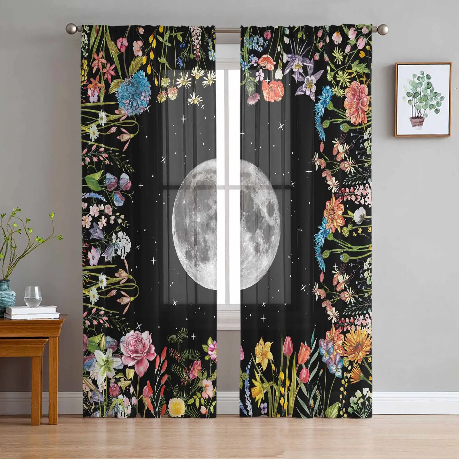 Watercolor Herb Flower Moon Sheer Tulle Curtains for Living Room Valance Curtains Kitchen Bedroom Window Voile Drapery