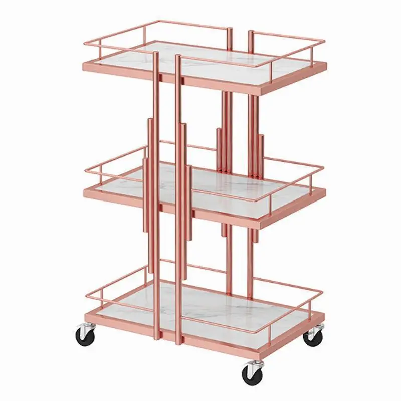 

High Quality Luxury Metal Frame Rolling Barber Cart Waterproof Rose Gold Manicure Trolley Salon Furniture Hair Salon Kitchen