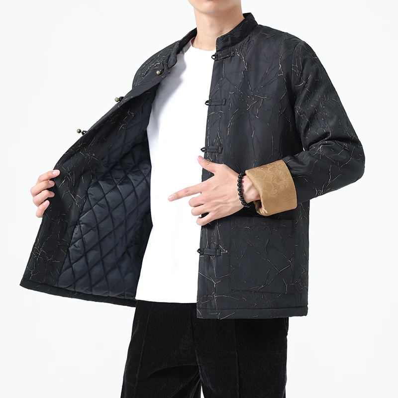 

Autumn Winter Warm Jacket Men Disc Buckle Retro Tang Suit Jackets Man Stand Collar Emboss Hanfu Male Cotton Padded Jackets Coats
