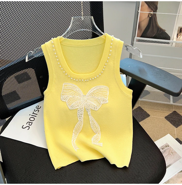 Bow Pearl Beaded Knit Sweater Vest Women Pullover Tees Tops Summer Stylish Sexy Fashion Chic Knitwear Sleeveless O-neck Jumpers