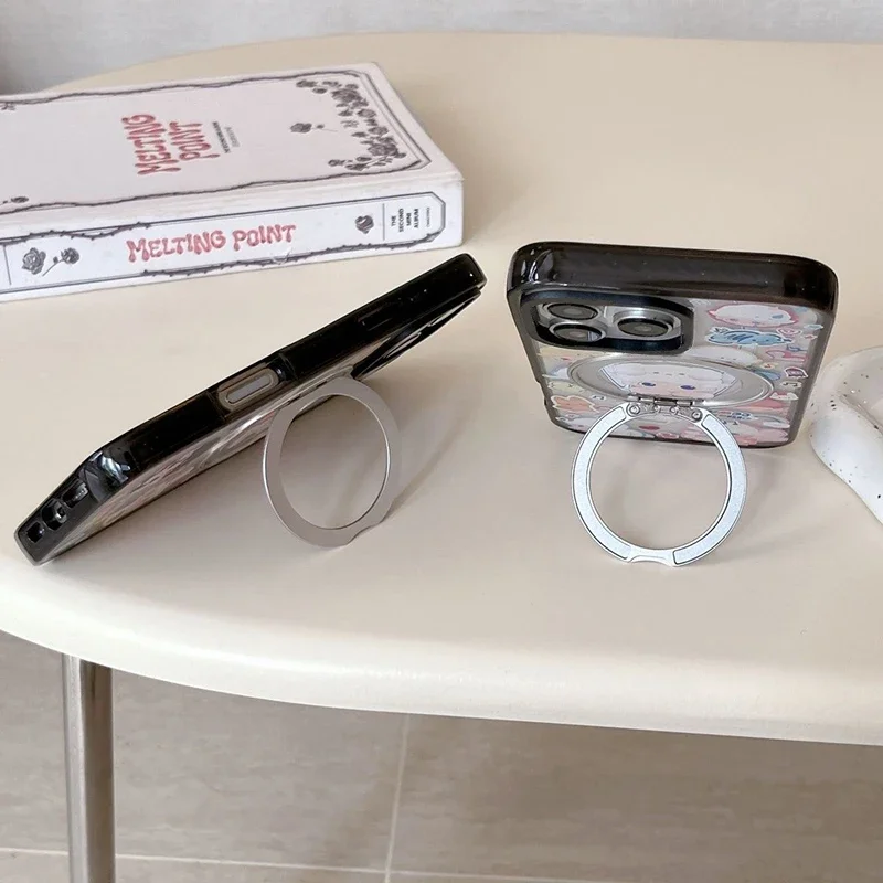 귀여운 만화 구름 소년 회전 스탠드, 블랙 테두리 휴대폰 케이스 커버, 아이폰 14, 15, 16 프로 맥스 케이스