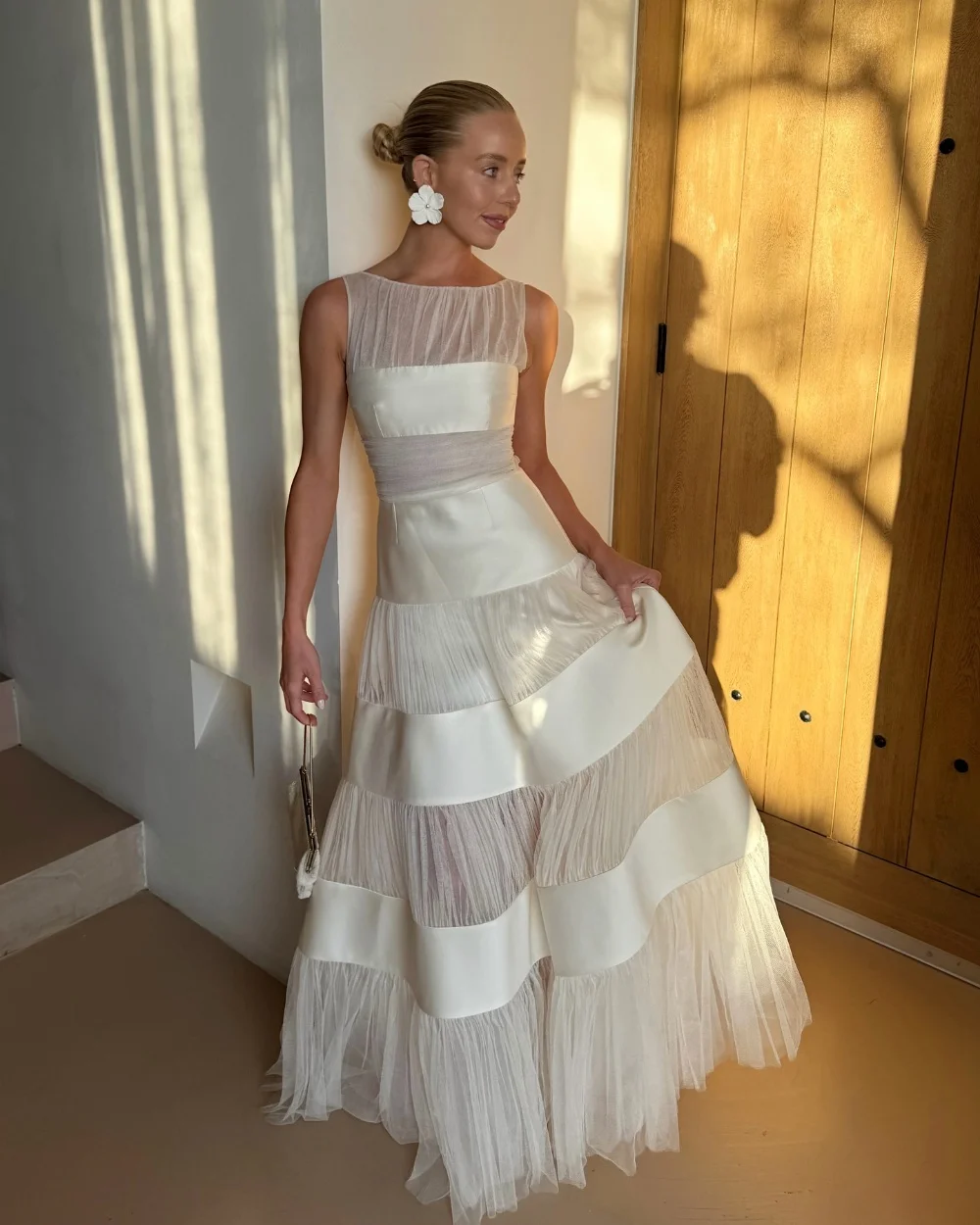 Customized Fashion Casual Tulle Pleat Ruched A-line Scoop Neck Long Dresses Evening Dresses Exquisite for Woman