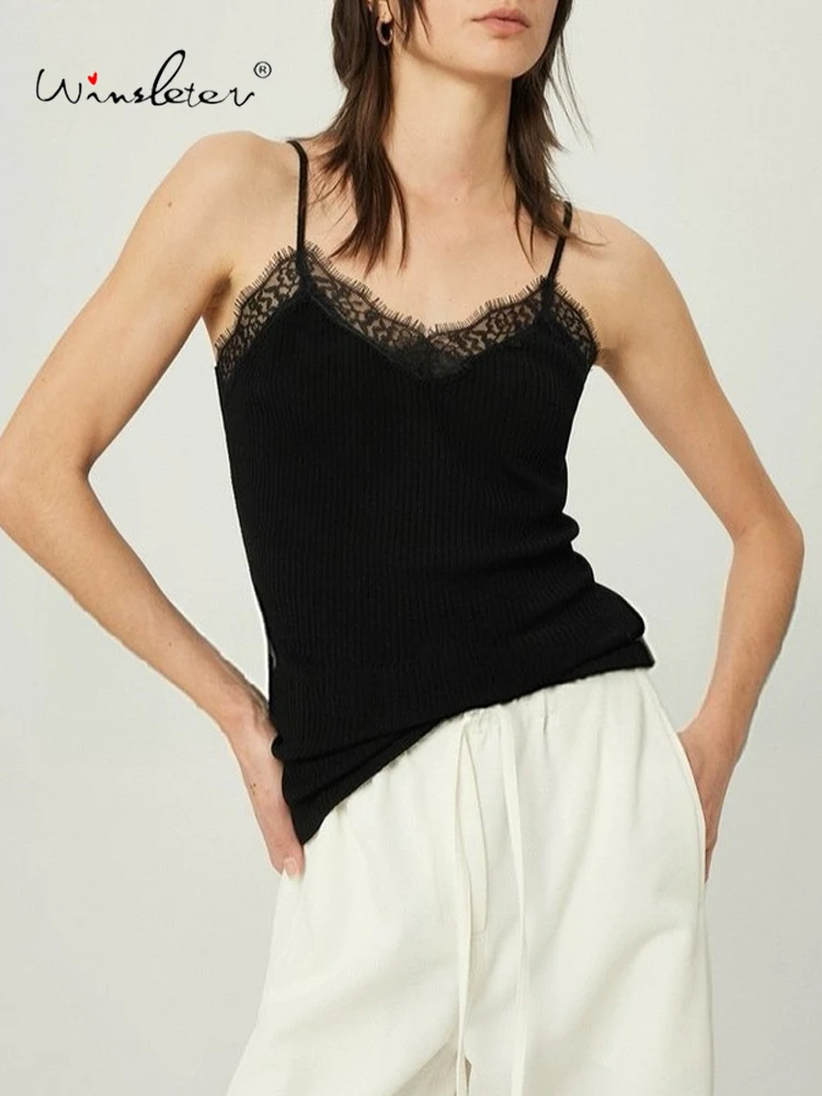 Winsleter-31.6% lã de ovelha elegante colete com alça suspensa, retalhos de renda, camisola de malha feminina para viagem, 2026 primavera novo t5d910cc