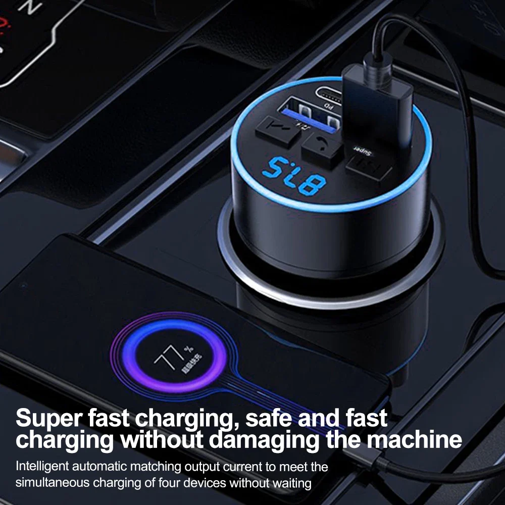 Trasmettitore FM Bluetooth 5.0 Vivavoce Modulatore radio AUX per auto Lettore MP3 66W Doppio PD Tipo-C USB Carica rapida con display Volt