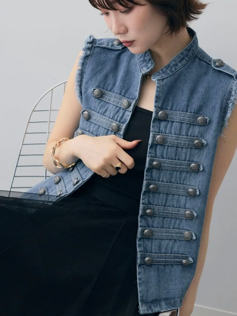 Retro Napoleon Denim Vest Women's Outerwear Autumn New Design Sensation Frayed Shoulder Pad Jacket Button Decorated Polyester...
