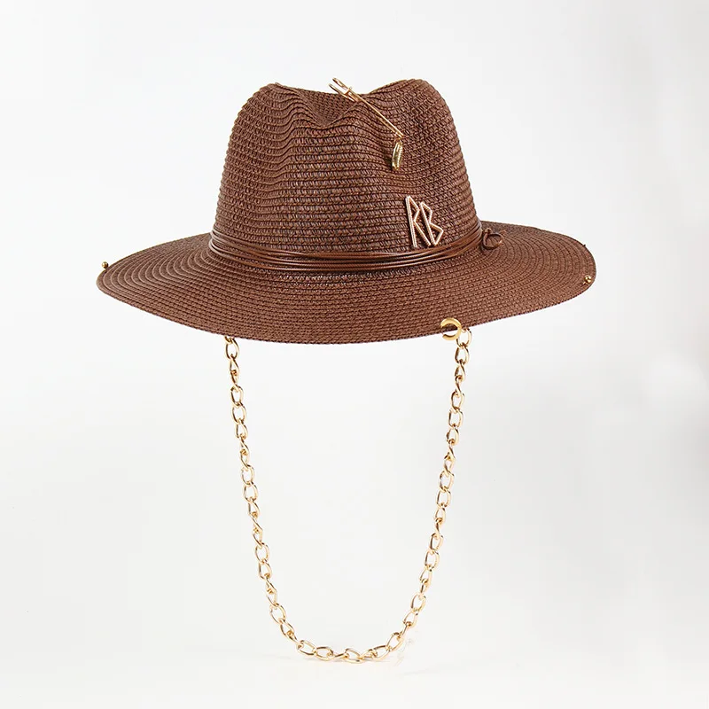 Women's Chain Accent Fedora Straw Hat - Packable UPF 50+ Beach Sun Hat, Boho Vacation Foldable Summer Fashion