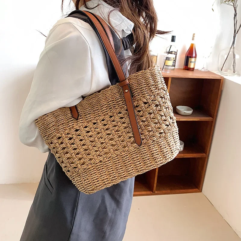 New Trendy Straw Weave Bag for Women Summer Female Handbags Shoulder Bag Simple Shopping Totes Casual Vacation Beach Bag