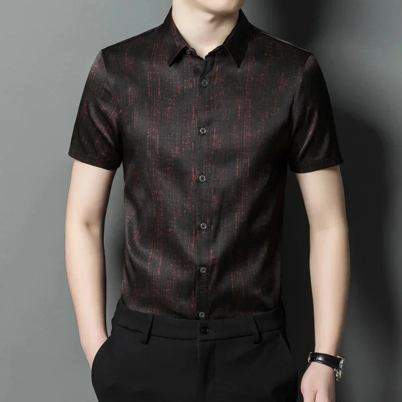 90.8% Mulberry Real Silk Shirt Short Sleeved s Men's Clothing Striped Printed for Men Business Casual Tops Chemises