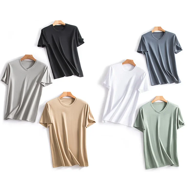 Summer Men\'s T-shirt Cool Mulberry Silk Cotton Short Sleeve Breathable O-neck V-neck Top Sports Casual T-shirt Multiple Colors