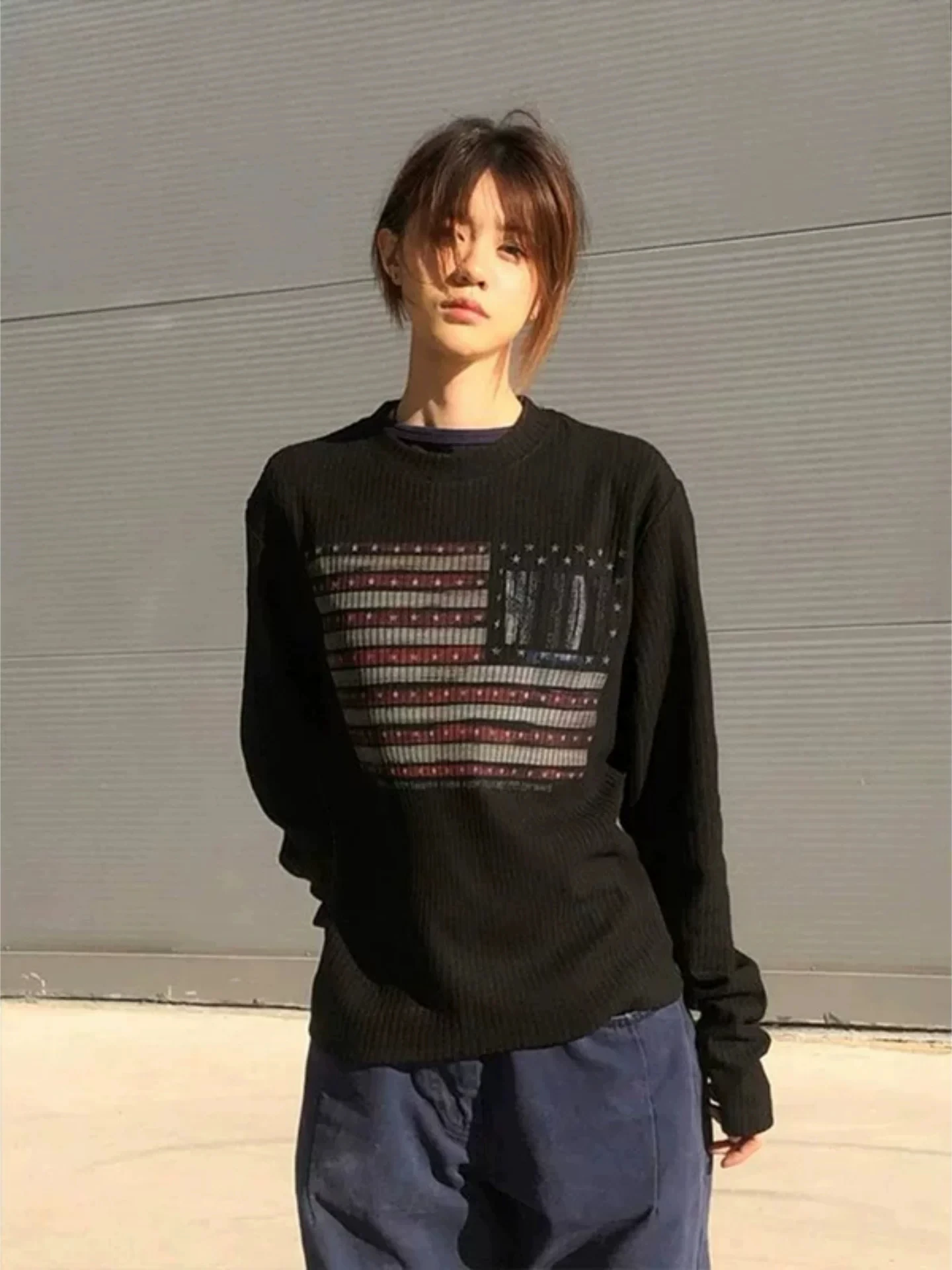 Casual Fun Printed Union Jack T-Shirt Men's Autumn Long Sleeve round Neck Loose Fit Fashion Urban Style Top for Youth Daily Wear