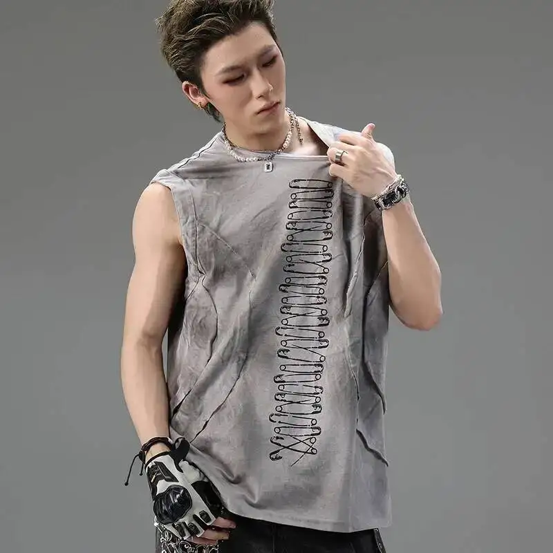 High Street Dirty Dye Sleeveless Men's Tank Top Split Pin Print Distressed Loose Fit Grey Round Collar Pullover Tops CJCF