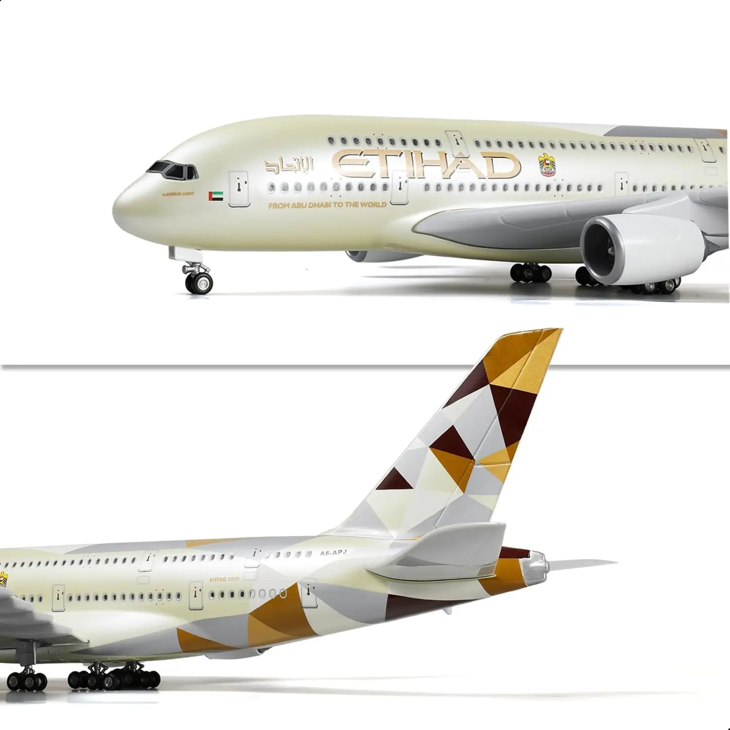 1/160 Large Scale Etihad A380 Diecast Resin Airplane Model with LED Light＆ Landing Gears for Collection Displays or home decor