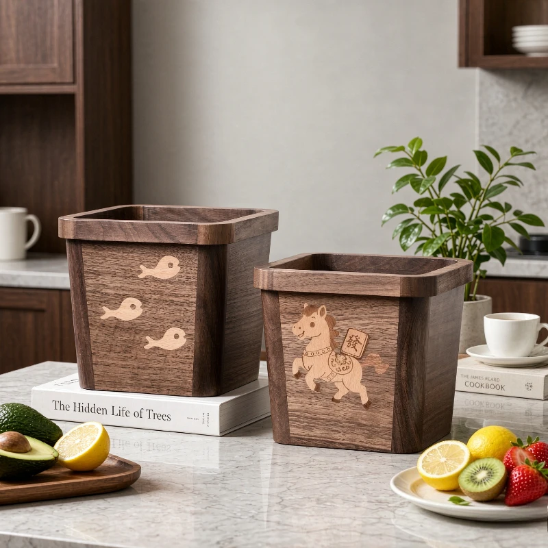 Rustic Solid Wood Trash Can Large Capacity Wooden Waste Basket for Kitchen Living Room Bathroom Home Decor 원목 쓰레기통