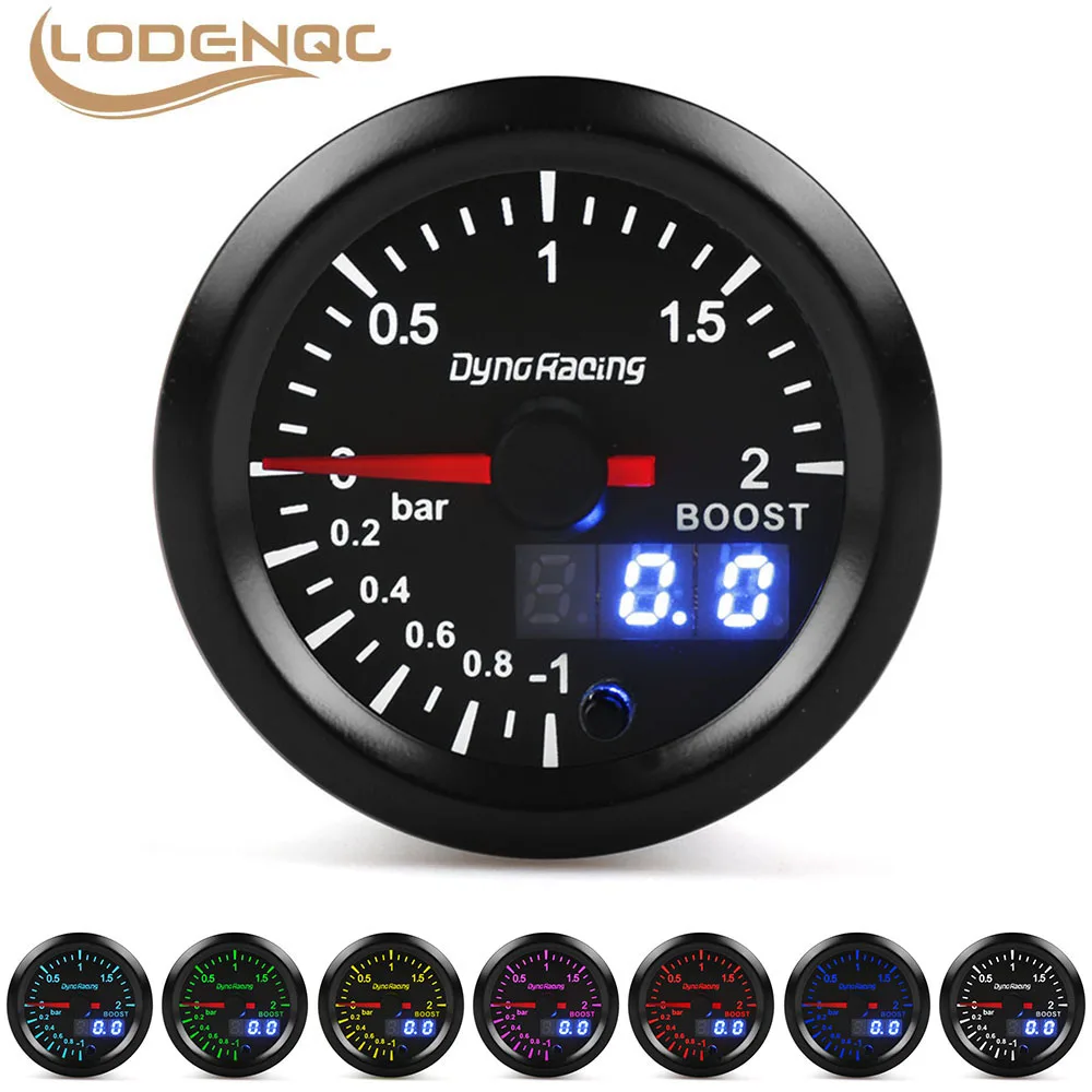 Car Meter Boost Meter 2\'\' 52mm Dual Display 2Bar Turbo Boost Gauge 7 Colors Led with Stepper Motor