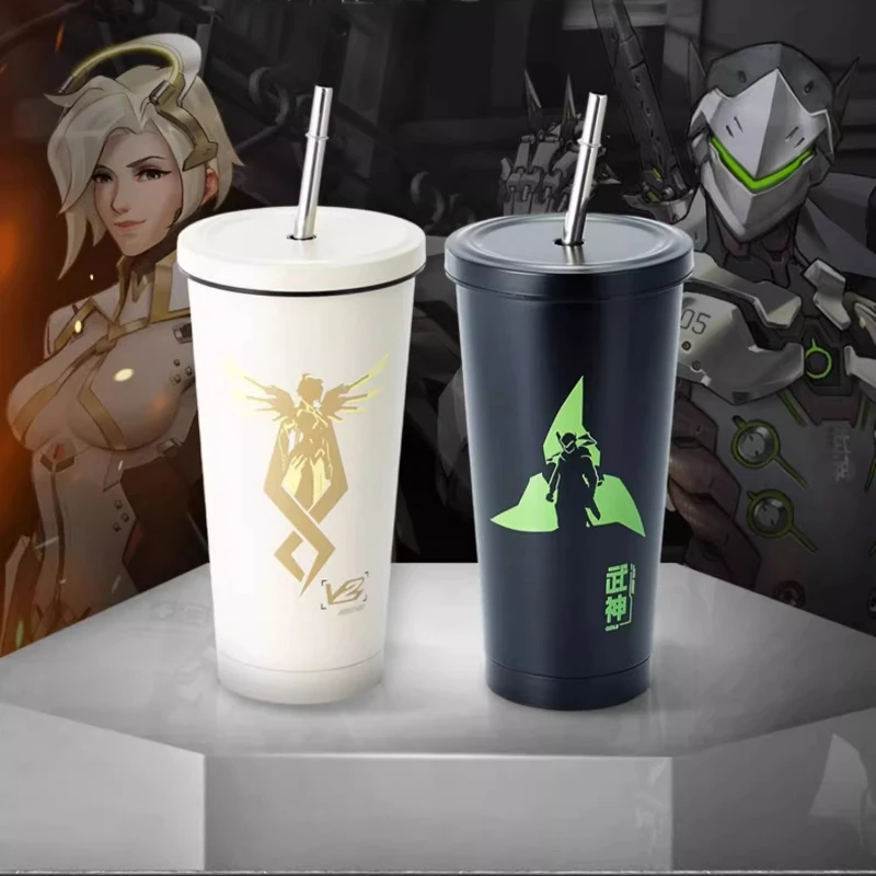 

[Official]Overwatch 500ML Straw Stainless Steel Cup Genji Mercy Angela Ziegler Coffee Milk Juice Water Cup for Home Office Car
