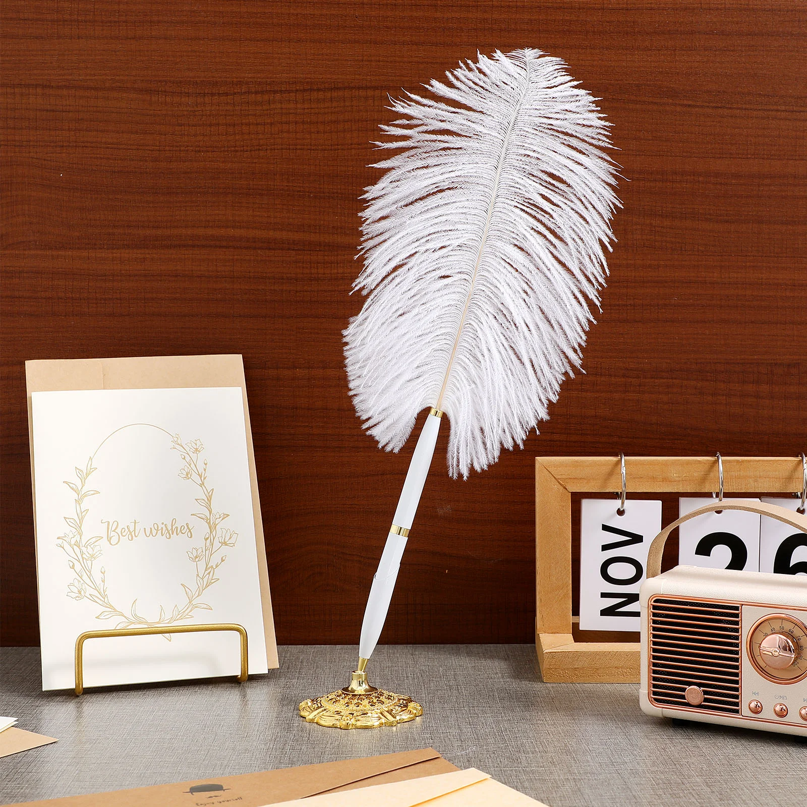 Ballpoint Pen Bride Wedding Guest Book Ostrich for Reception Custom Stick with Metal Stand