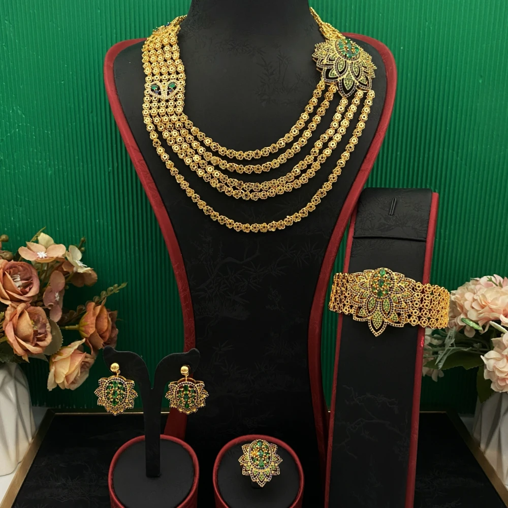 Falair Gold Plated Copper Zircon Women Jewelry Set Dinner Party Style Accessories with Bracelet Ring Necklace Earrings Set