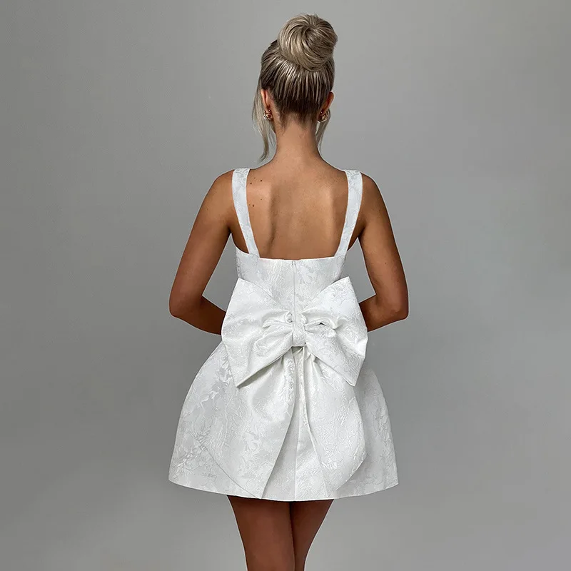 Elegante Bowknot A-line vestidos de fiesta de noche rosa blanco mujeres cuello cuadrado túnicas sin mangas cremallera vestido corto de cumpleaños vestidos