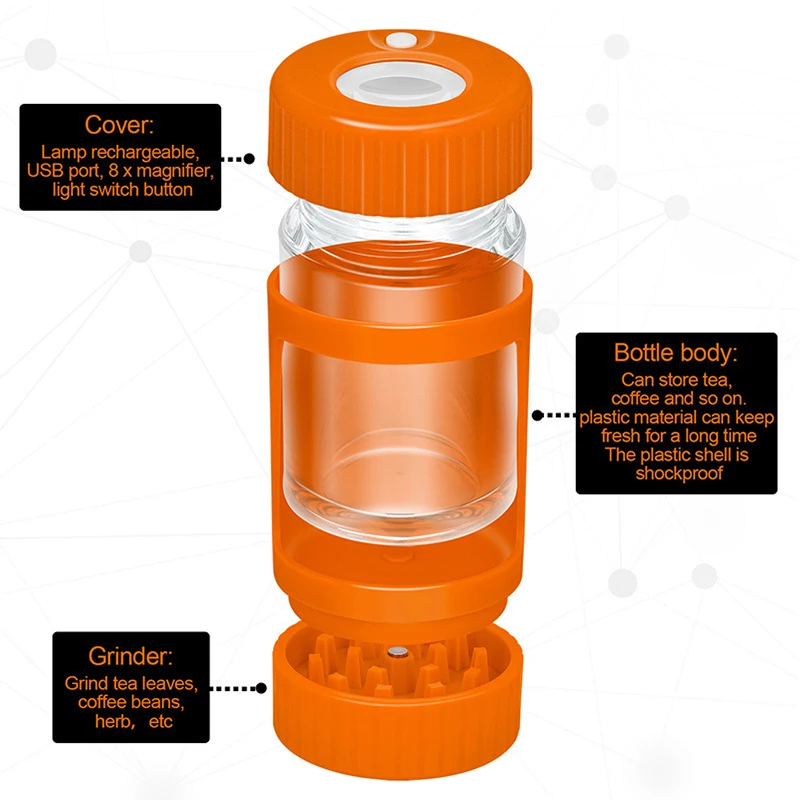 Multifunctional LED Tobacco Storage Jar with Metal Tobacco Pipe Grinder Magnifier Dampproof Sealed Can Smoking Accessories