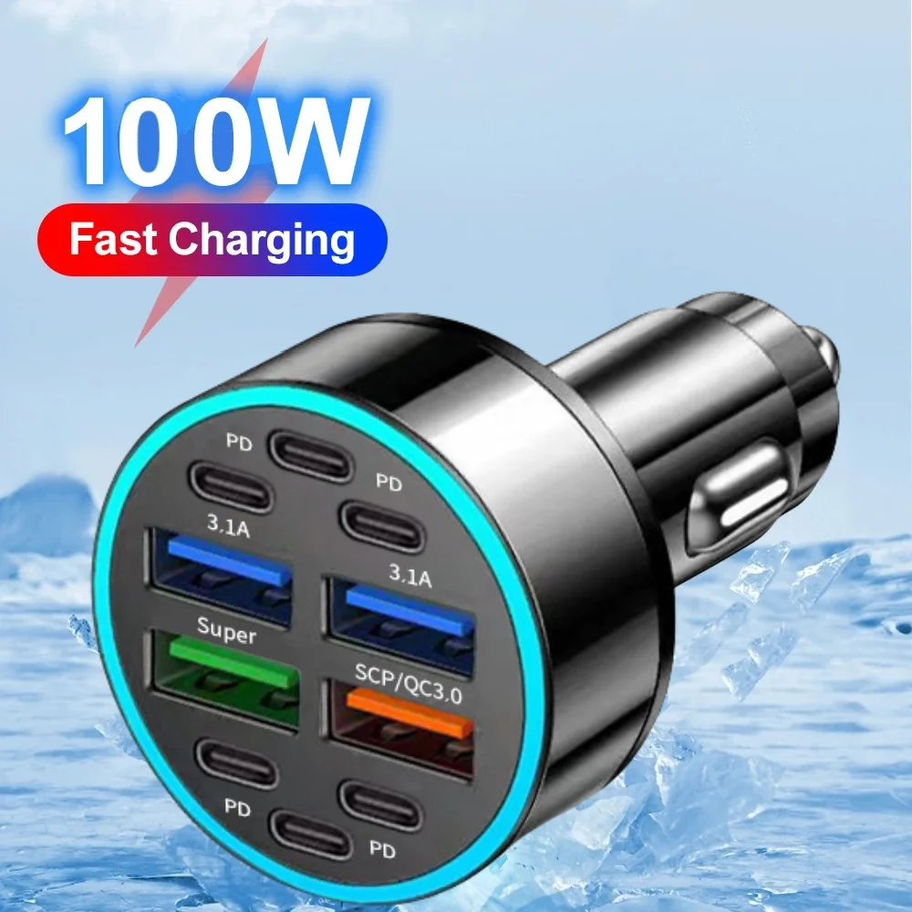 

10Ports Output Car Charger 100W USB Type C Fast Charging Car Phone Charger Adapter Quick Charge for iPhone Samsung Redmi Xiaomi