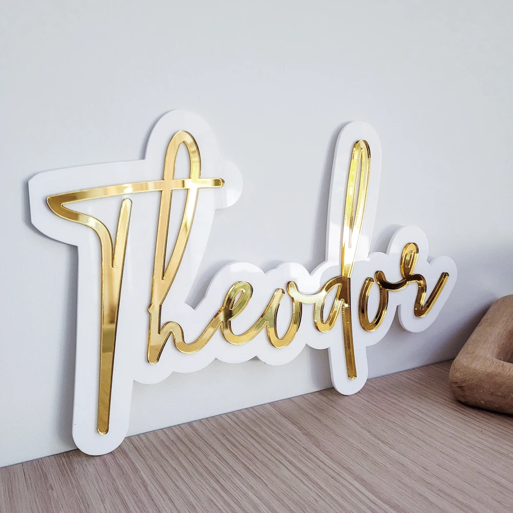 3D Custom Baby Name Sign Bilayer Acrylic Name Plate Mirror Acrylic Nursery Decor Teen Bedroom Wall Plate Decor Laser Cut Name