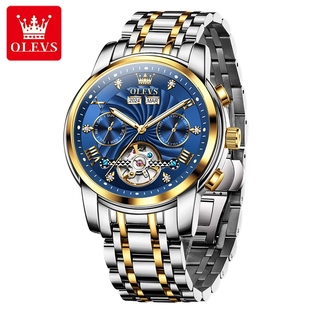 OLEVS 7088 Top Luxury Flywheel Automatic Mechanical Watch for Man Day Date Waterproof Luminous Business Men's Dress Wristwatches