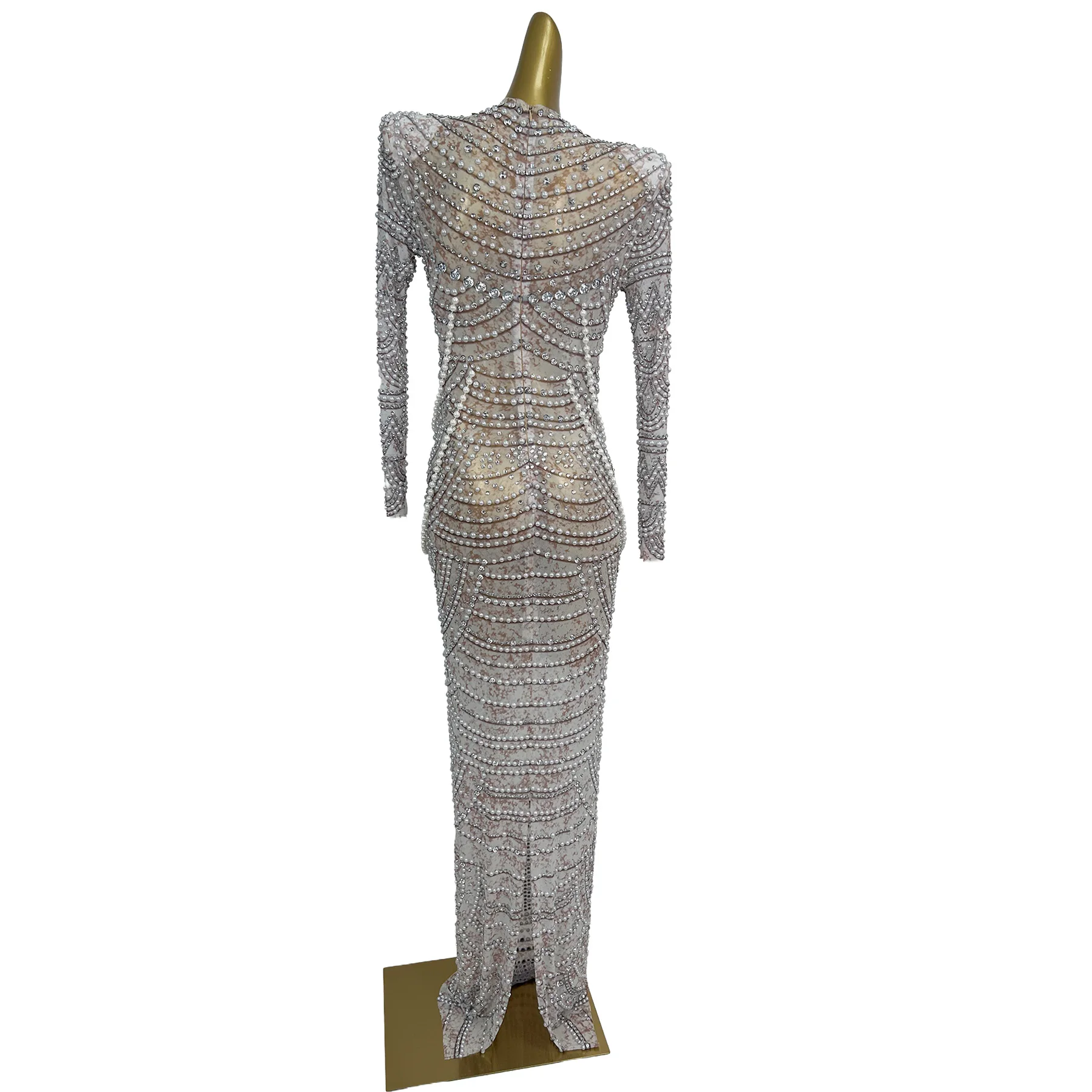 

Yinhedianjian Elegant Pearl Rhinestone Embellished Long Sleeve Sheer Mesh Maxi Dress Formal Evening Prom Party Gown for Women