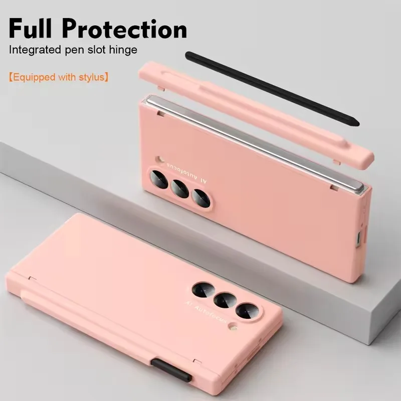 

Fashion Pen Slot Phone Case For Samsung Galaxy Z Fold 6 5 4 3 Ultra-thin High-definition Glass Tempered Film Phone Back Cover