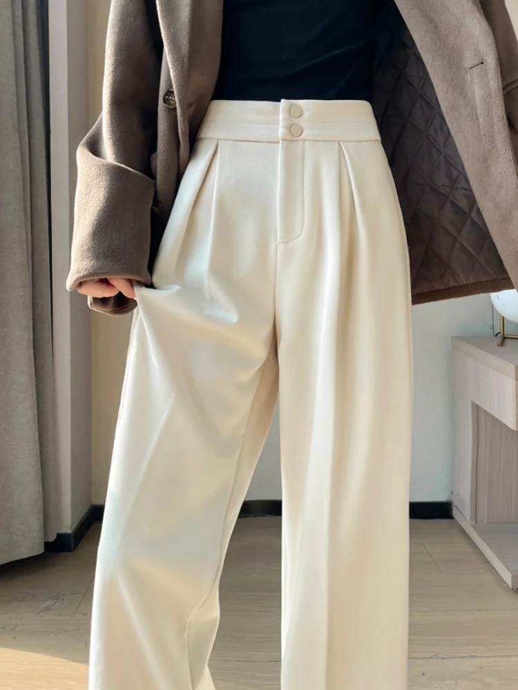 Oatmeal Apricot Wide Leg Pants Women's Fall Winter Slim Straight High Waist Drapey Suit Trousers Trendy Commute Style