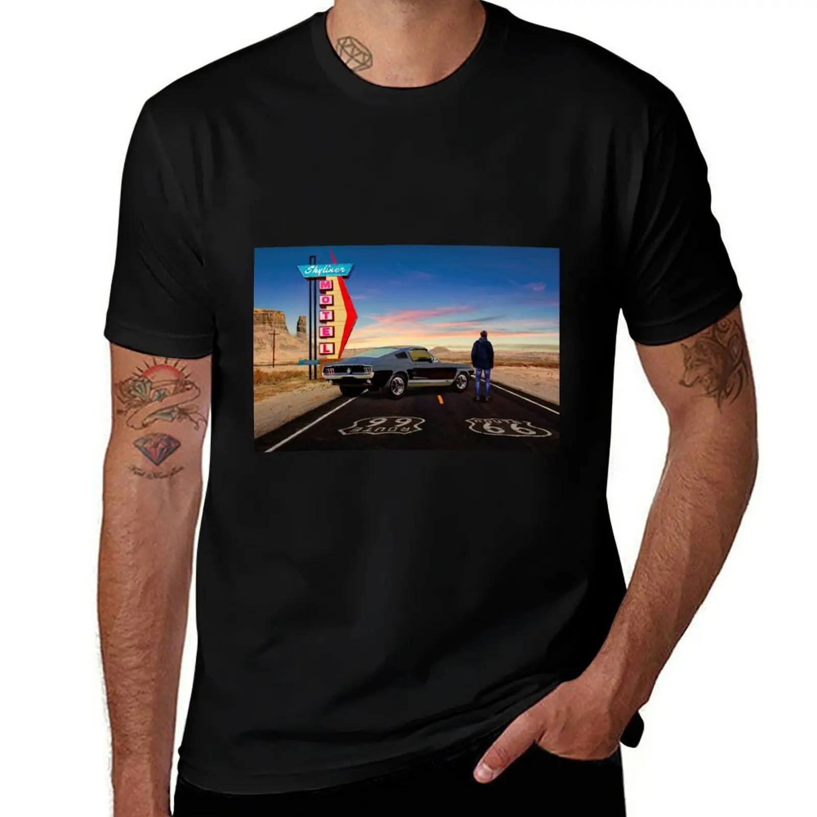 Route 66, Skyliner Motel USA T-Shirt Basic Plain Tee for Spring and Summer T-Shirt