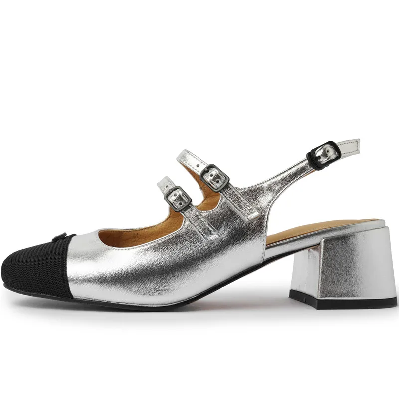 

New Sexy Charming Silver Mary Jane Single Shoes Genuine Leather Solid Color Buckle Comfortable Square Toe Wrapped Tou Sandals