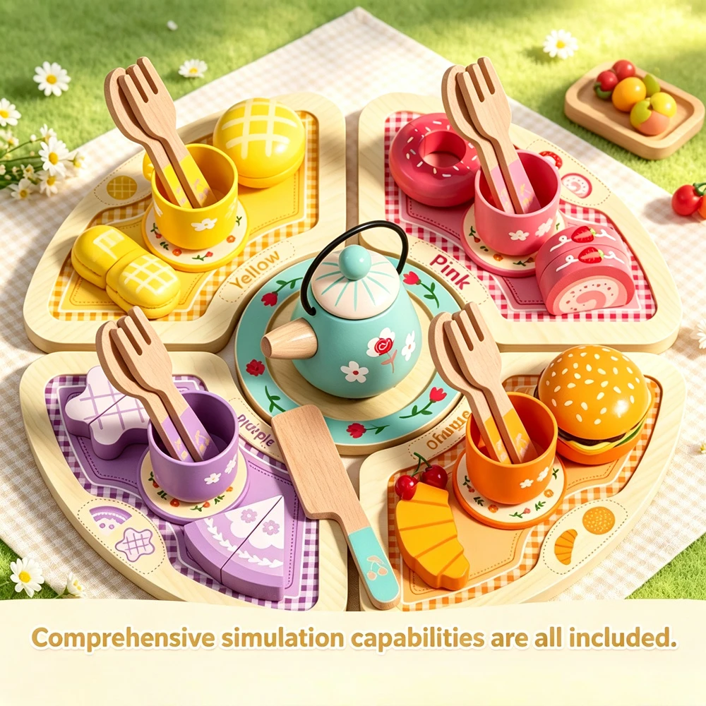 Wooden Afternoon Tea Party Playset Pretend Chef Role Play Dining Set with Teapot Educational Simulation Tableware Toy Gift