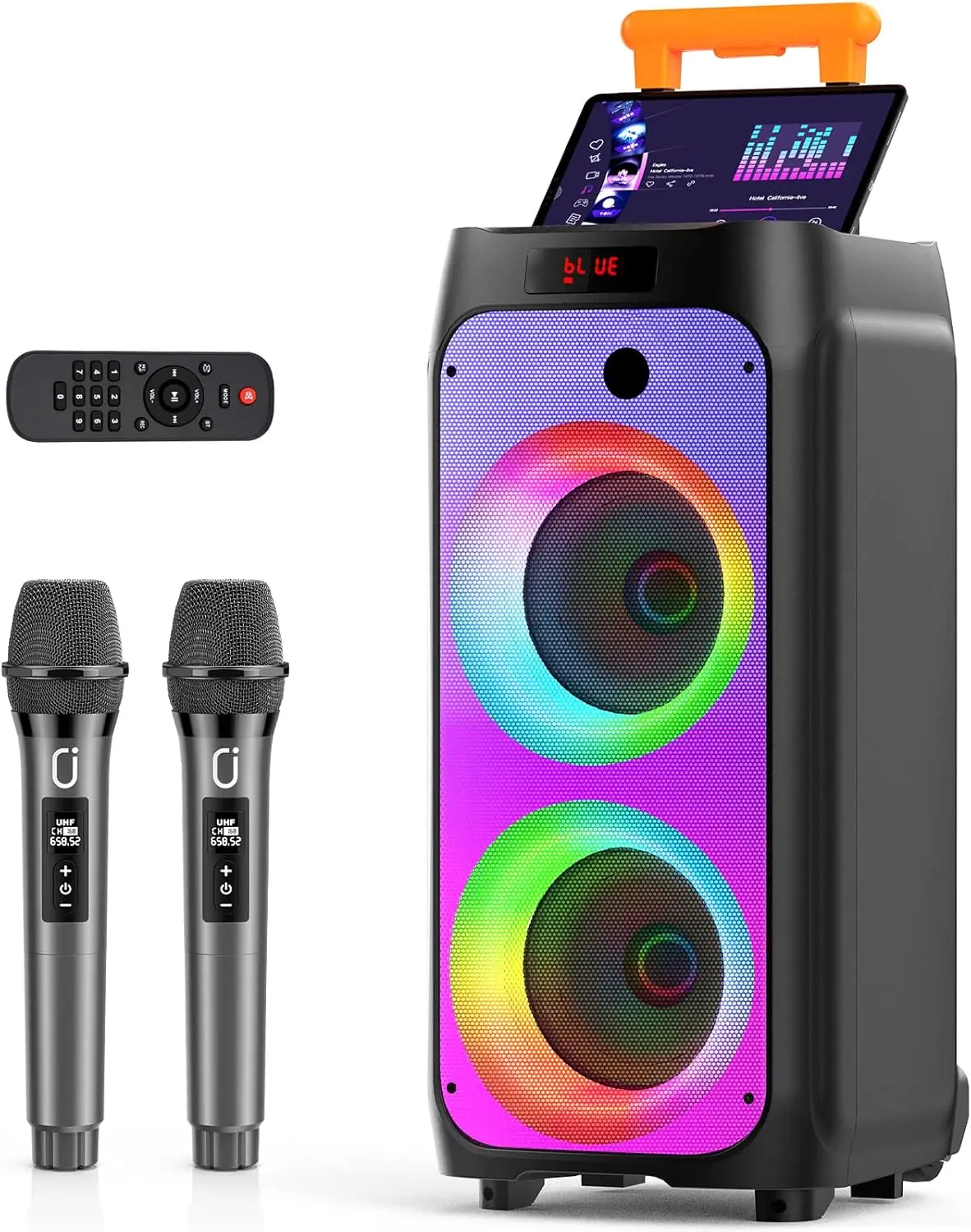 T8 Karaoke-System mit 2 Kabellosen Mikrofonen, Großer Bluetooth-Lautsprecher mit Rädern und Disco-Lichtern, Subwoofer PA-System