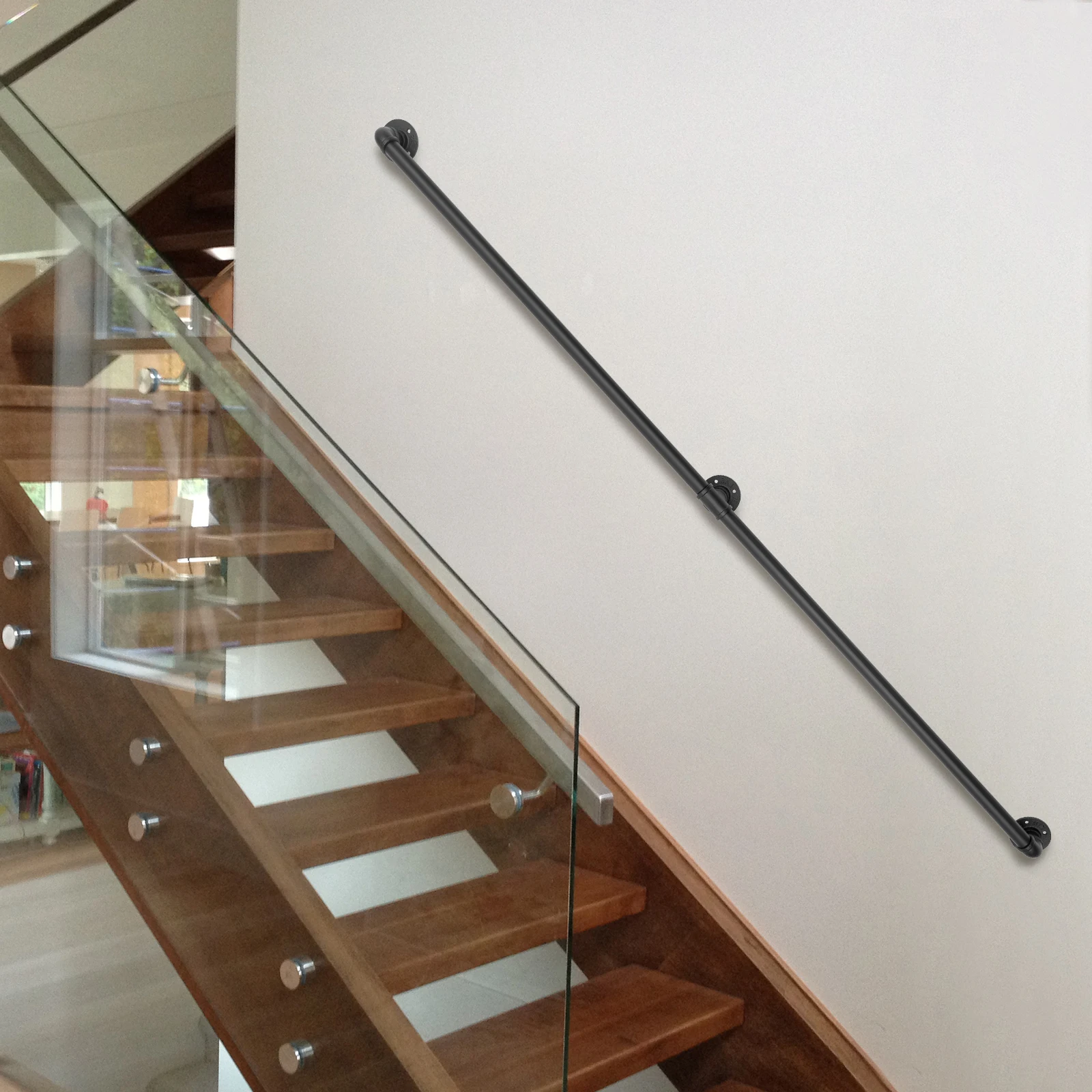 Galvanized Black Iron Stair Railing, Anti-Slip Handrail with 2-Section 6.6-Foot Pipes for Indoor and Outdoor Stairs