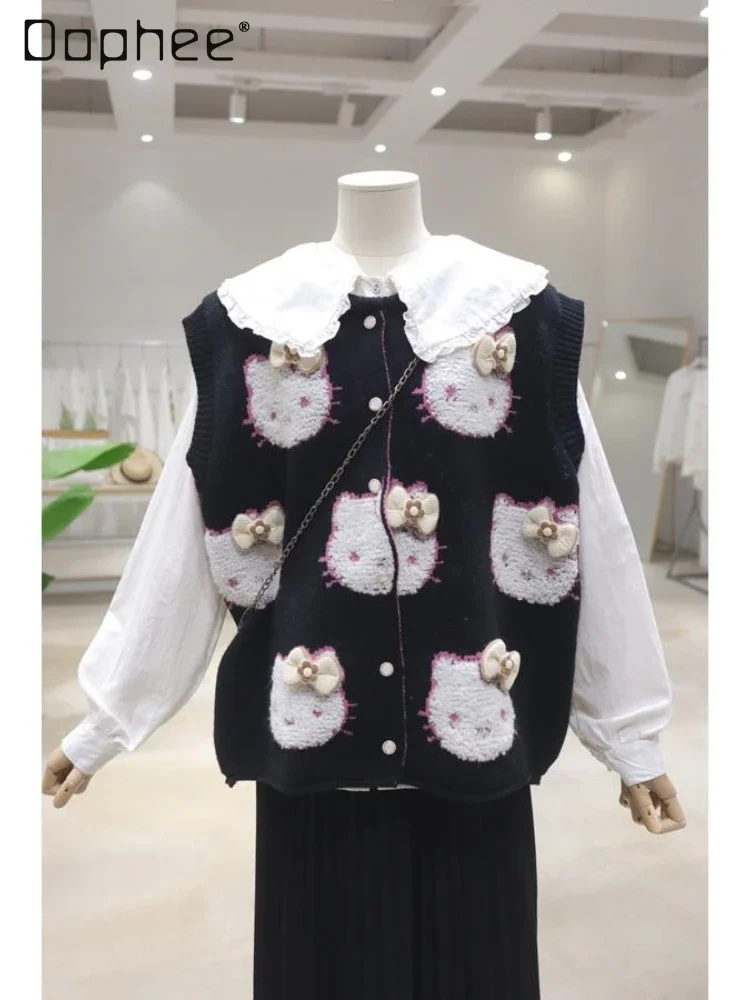 

Flocking Cartoon Cat Vest Women 2024 Autumn Loose and Versatile Thickened Round Neck Single-breasted Sleeveless Sweater Vest