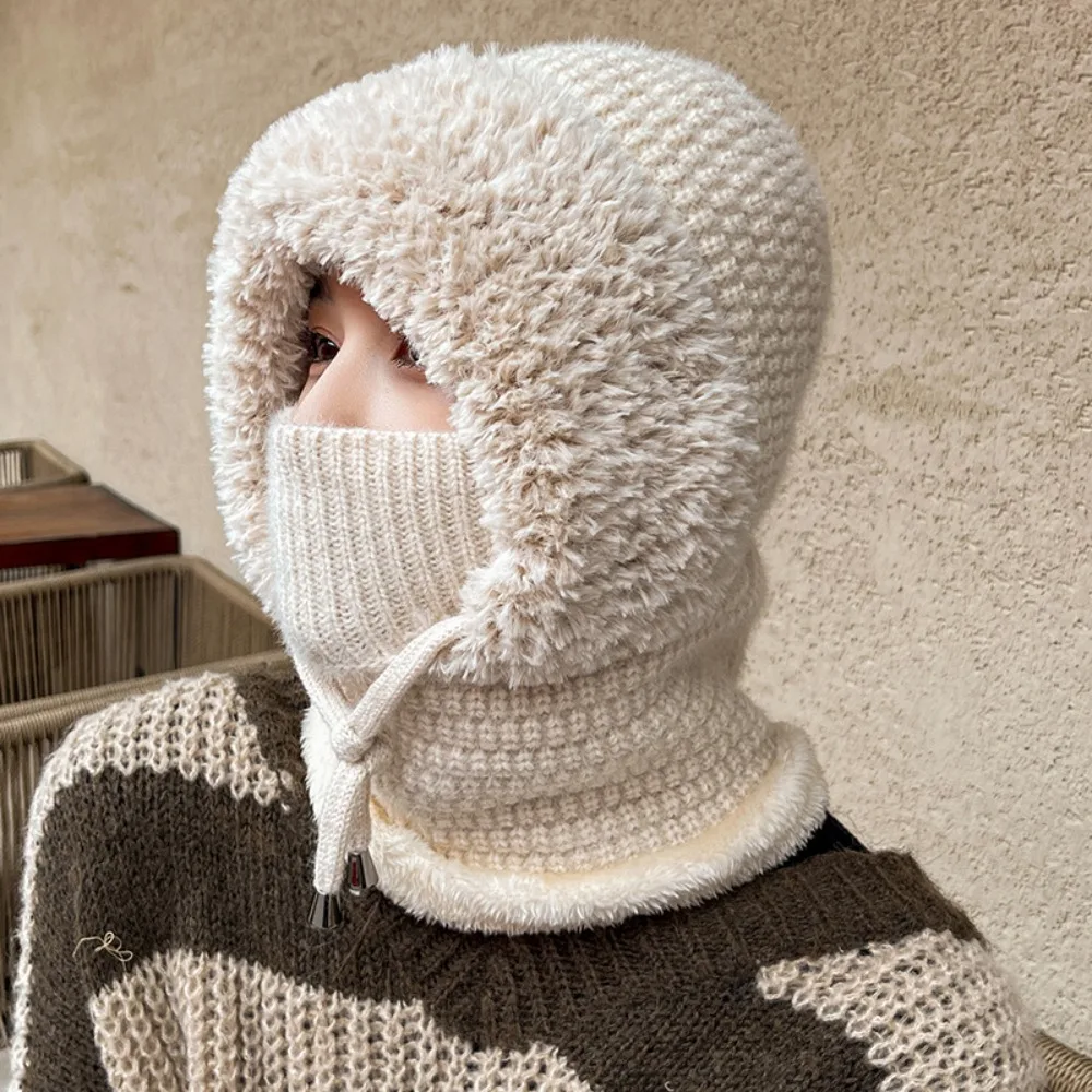 Simple Multi functional Balaclavas Hat Plush Solid Color Knitted Beanies Hat Windproof Bib Mask Neck Cover Set Winter