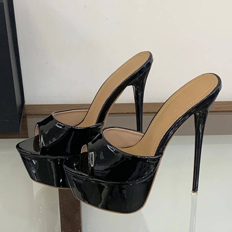 Liyke Black Apricot Patent Leather Fashion Show Super High Heels Platform Slippers Women Stiletto Sandal Big Size 46 Ladies Shoe