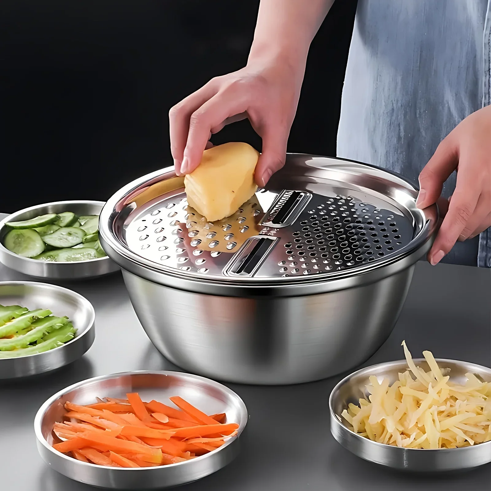 3PCS/1Set Vegetable Slicer, Stainless Steel Slicer, Potato Slicer, Vegetable Washing Basin, Drain Basket, Multifunctional