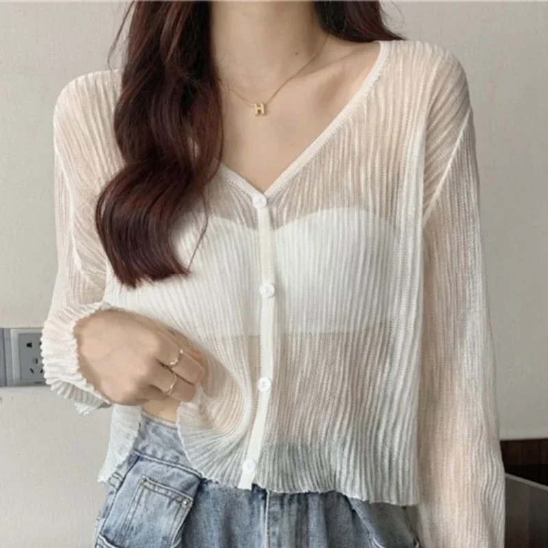 Summer V Neck Cardigan Women 2024 Casual Transparent Sweater Shirts Woman Simple Thin Solid Color Outwear Female Crop Top