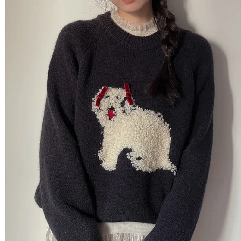 

Cartoon Fur Clothes French Punk Tops Lady O Neck Long Sleeve Knitted Autumn Winter Casual Women Sweaters Cuter