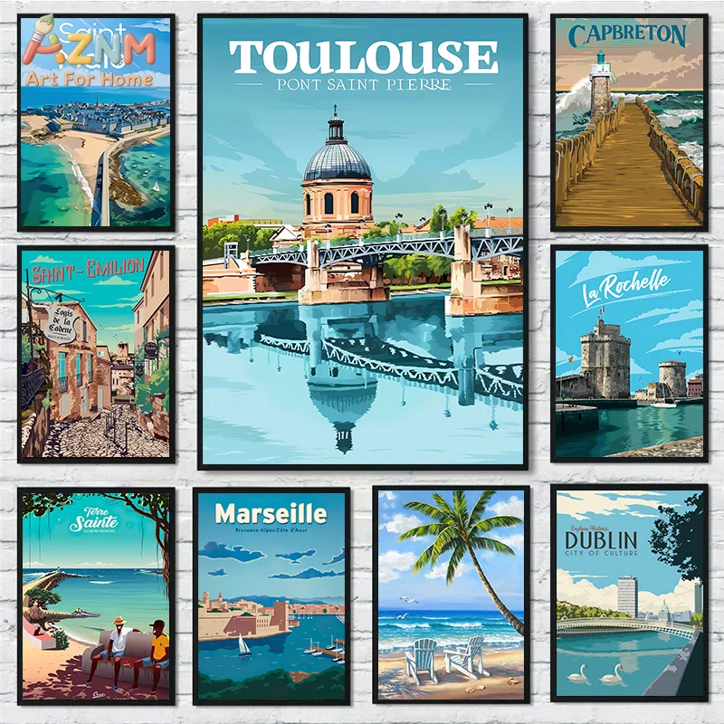 AZNM Vintage France City Scenery Travel Canvas Poster Frameless Wall Art Retro Toulous Marseille Coastal Landscape Print for Liv