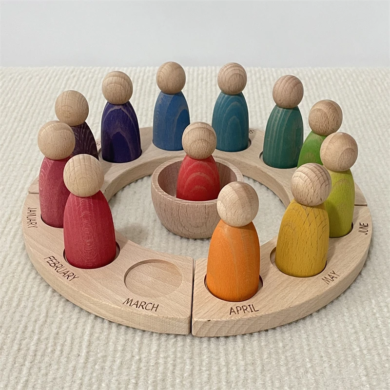 Wooden Perpetual Calendar Peg Dolls Figures Kids Learning Time Toys Open Ended Play Game Year Advent Calendar for Children