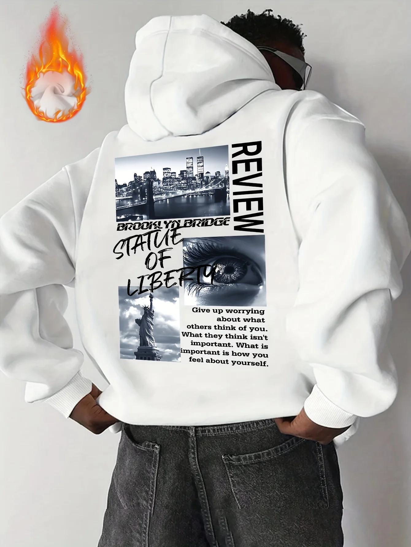 Men's Fashion Trend Winter Hooded Sweatshirt Statue of Liberty Splicing Photo Print Streetwear Pullover Hoodie Casual Sweat Top