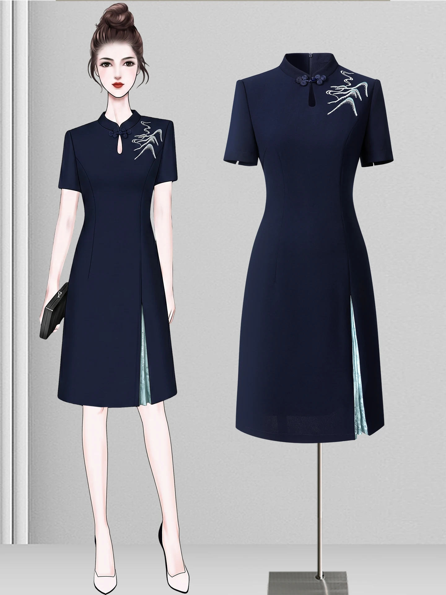 

Elegant Chinese Style Work Dress Women's Summer Tea House Health Center Front Desk Uniform Sales Department Beauty Salon Uniform