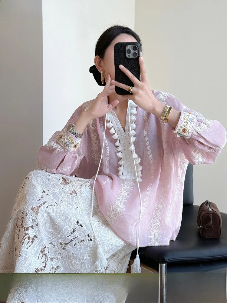 

Tasyavan Retro Embroidered Cotton Linen Shirt with Fringe Long Sleeve V-Neck Puffy Sleeves Stand Collar Women's Fashion