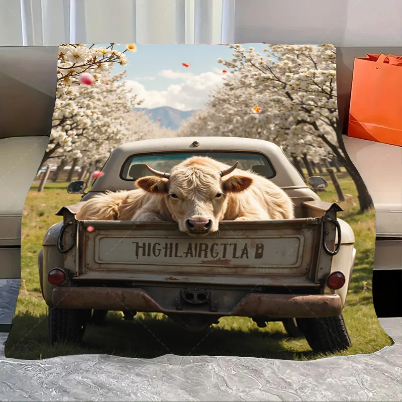 

1pc Flannel Blanket Rustic Cow in Vintage Truck Spring Scene Cozy Throw Blanket