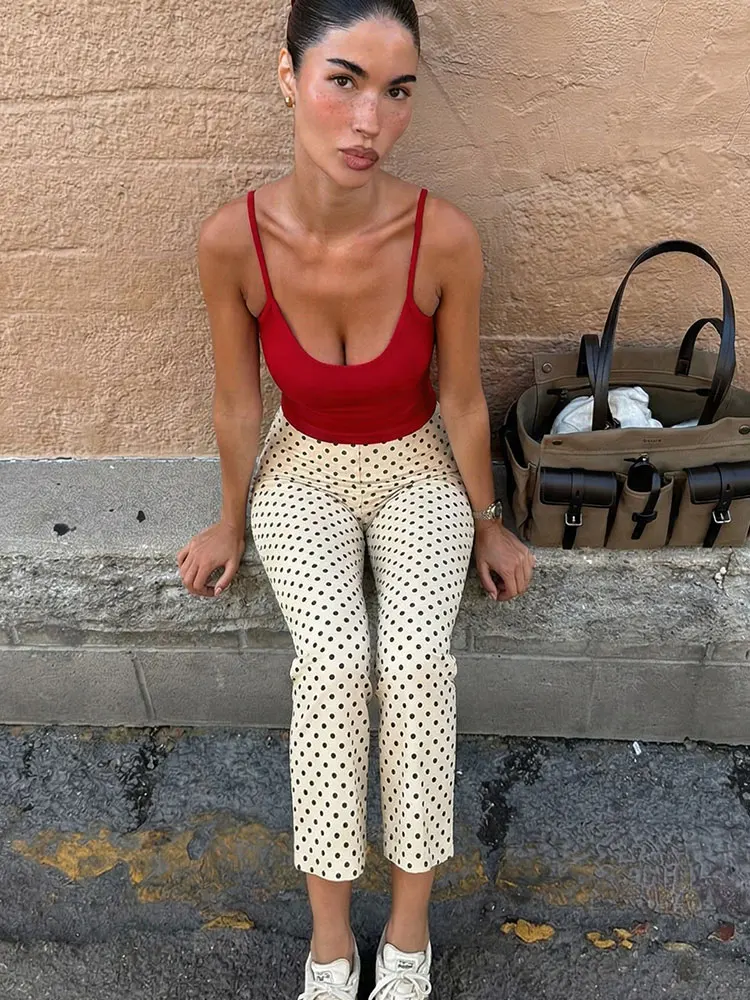 HH Women Elegant Polka Dot Cropped Pant Fashion High Waist Slim Streetwear Formal Evening Female Bottoms Summer Chic Trousers