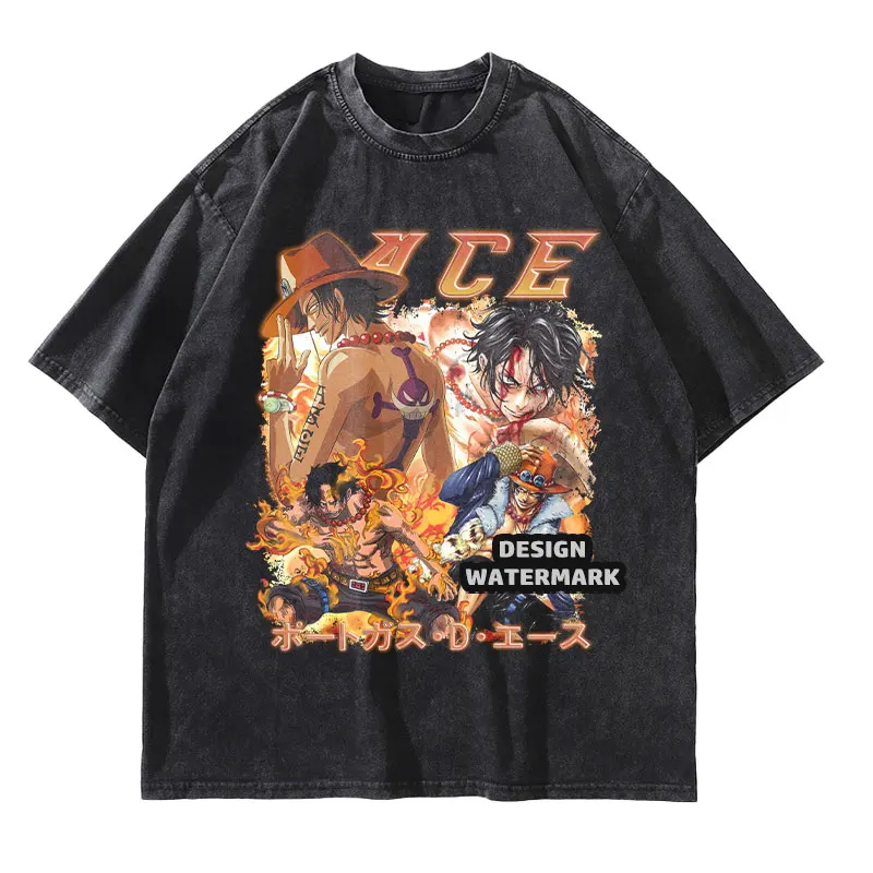 تي شيرت Nika Luffy تي شيرت أنيمي عتيق مغسول تي شيرت كبير الحجم Zoro Sanji بأكمام قصيرة مانغا O-One قطعة علوية تي شيرت رجالي 100% قطن