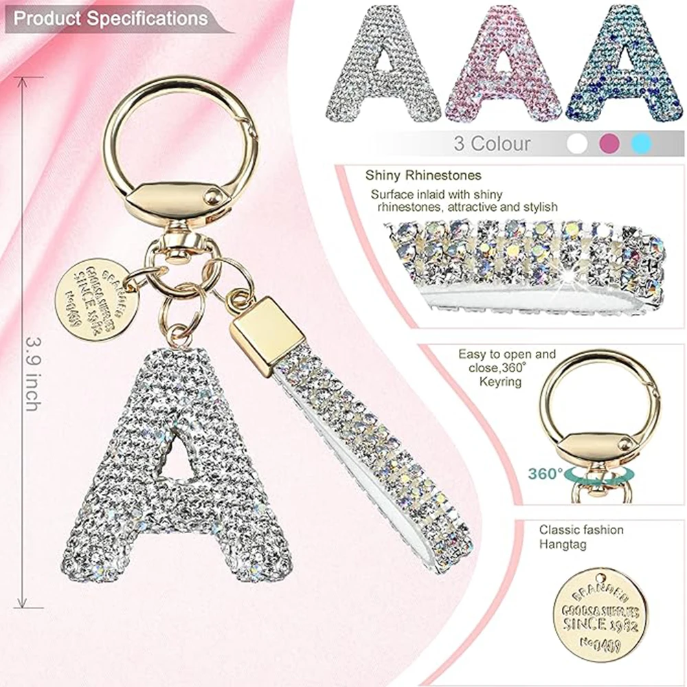 White Initial Keychain for Ladies And Girls Shiny Cute Backpack Car Key Accessories Hanging Rope