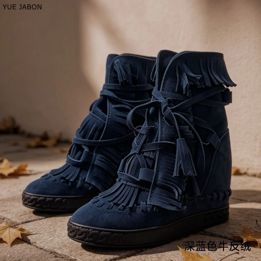 Genuine leather Women High Top Casual Shoes Tassel Cow Suede Ankle Boots Ladies Height increasing Fringed Tongue Bandage Sneaker